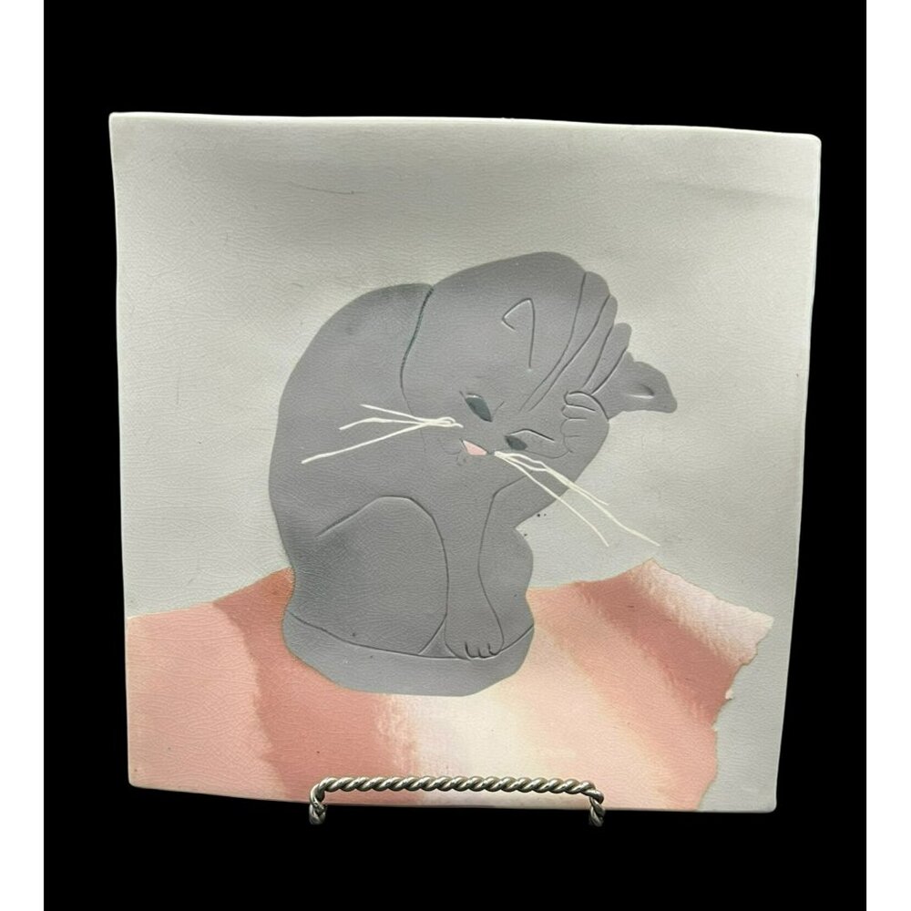 Fanciful Handmade Ceramic Cat Plate Square Gray Peach White Clay Signed